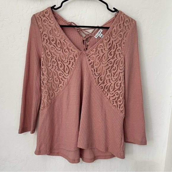love, Fire Tops - Love Fire Dusty Rose Solid Long Sleeve Waffle lace Knit M